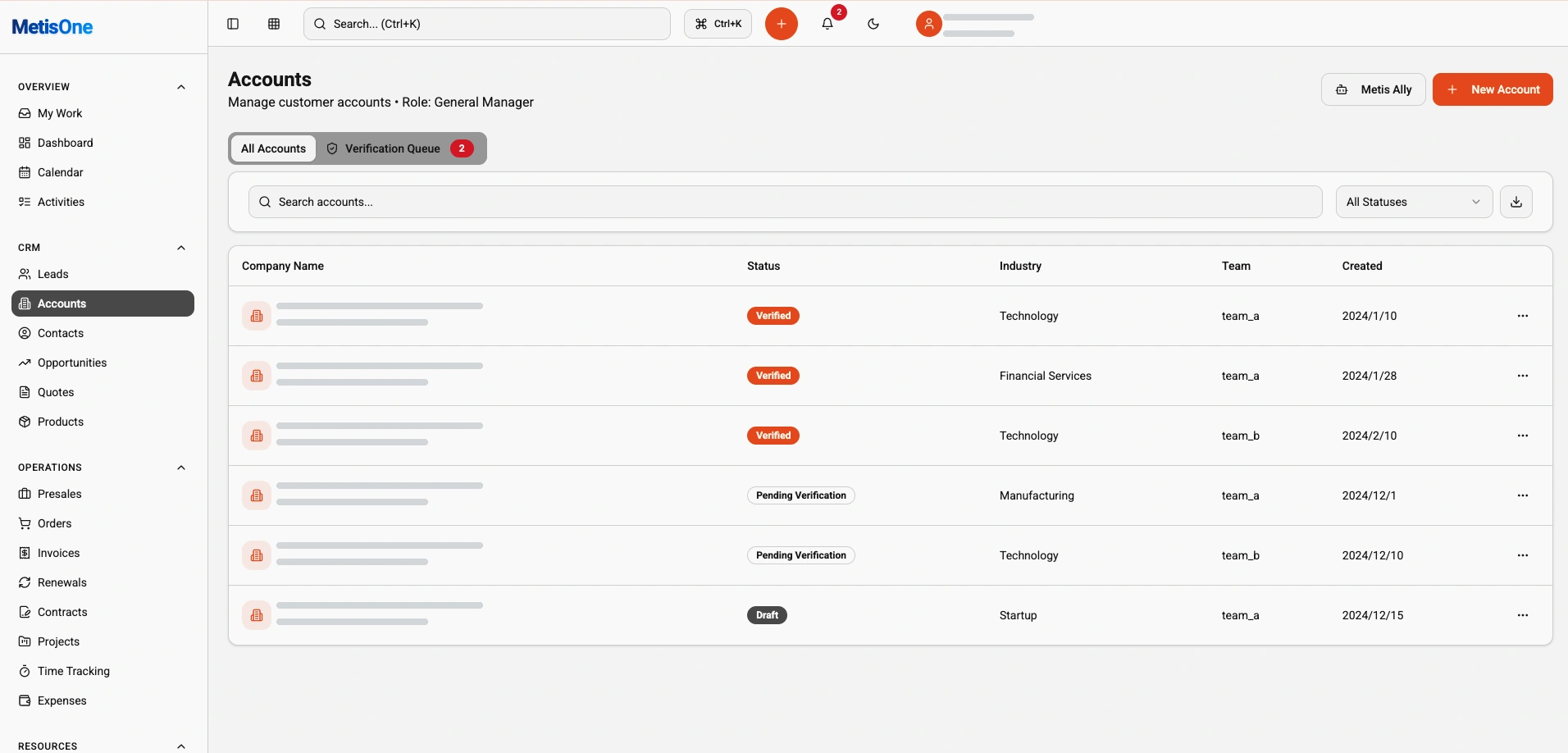 MetisOne Accounts screen with account statuses; identifying names hidden.